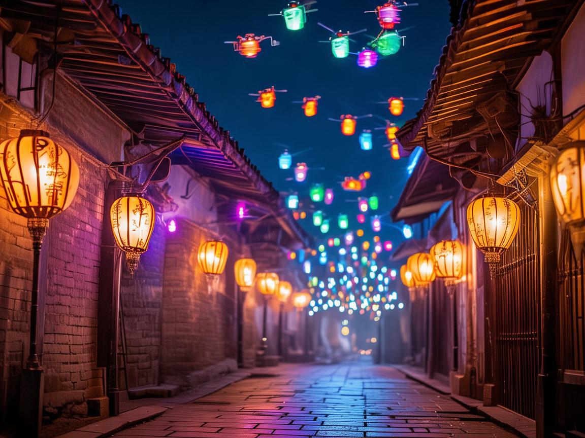 古镇街空,无人机灯光绘奇景