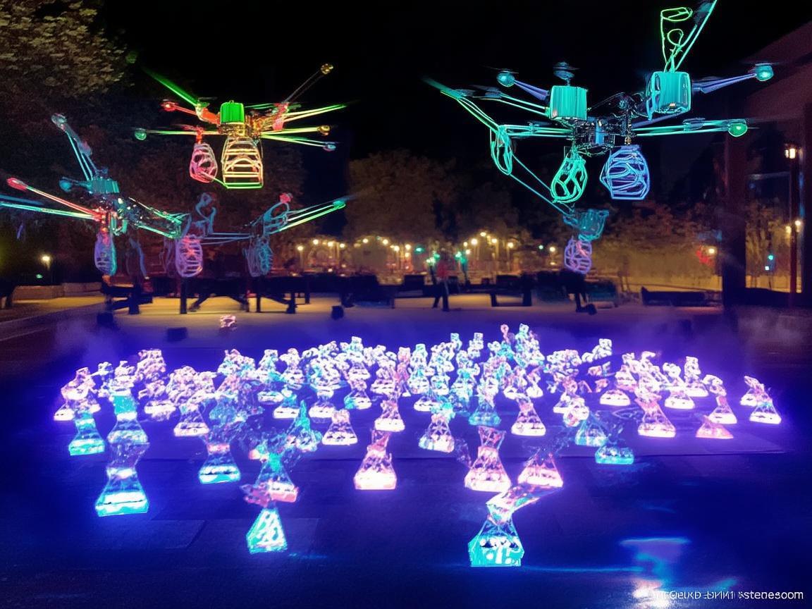 无人机灯光艺术，抽纸盒造型的璀璨之舞