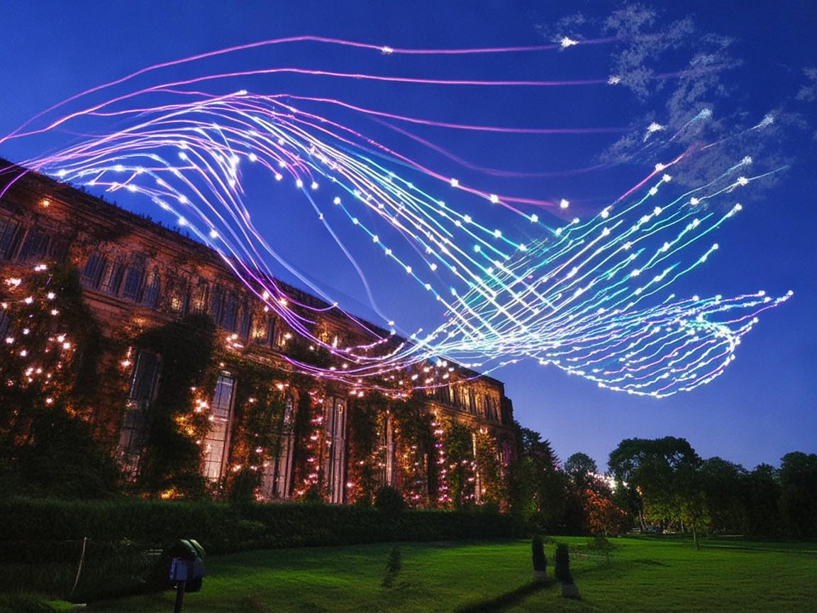 大学图书馆上空的无人机灯光秀
