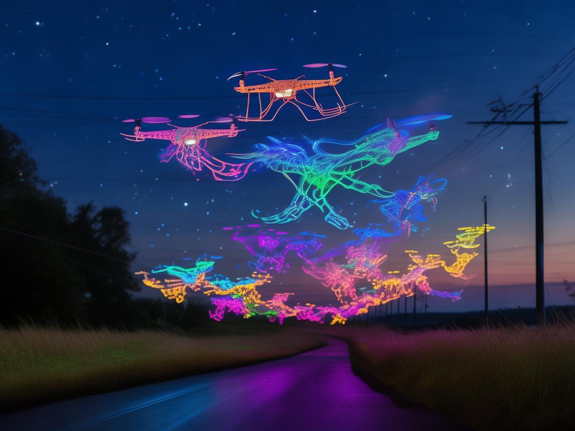 省道上空的无人机灯光艺术盛宴