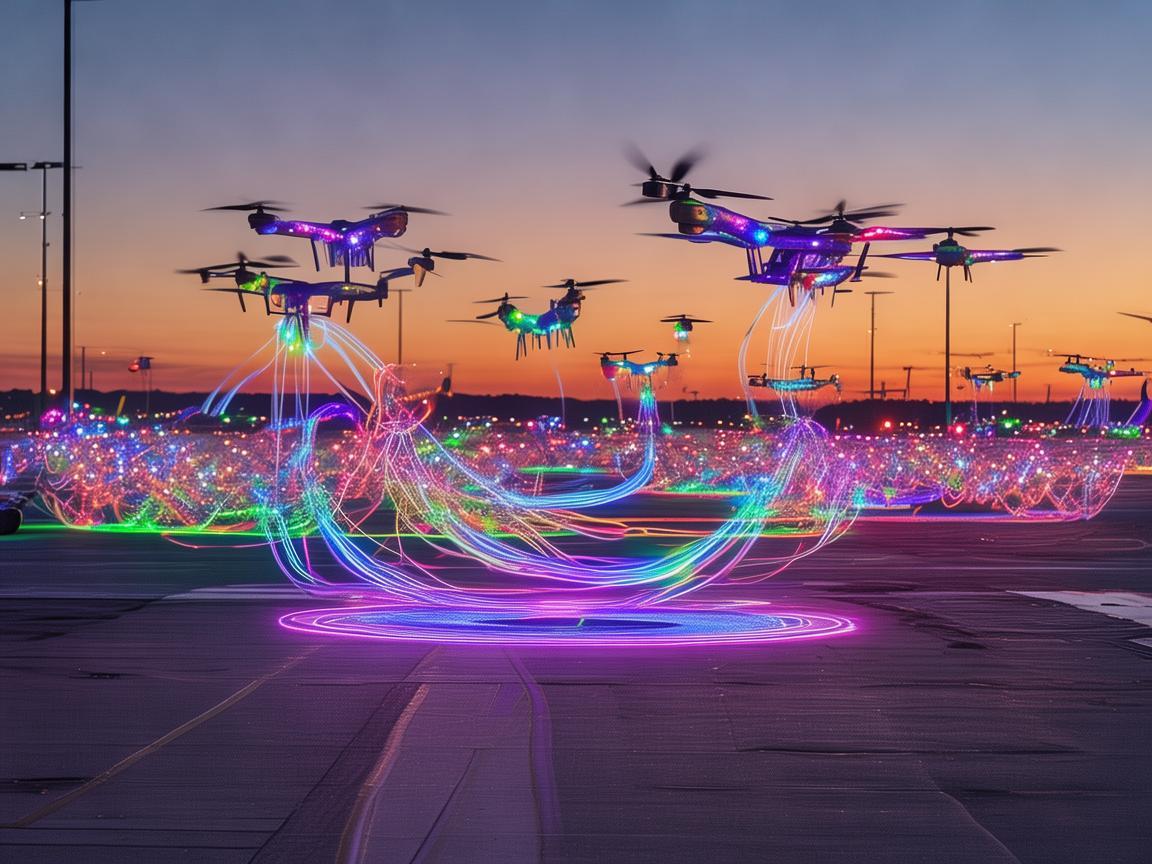 飞机停放区的无人机灯光艺术盛宴 飞机停放区的无人机灯光艺术盛宴