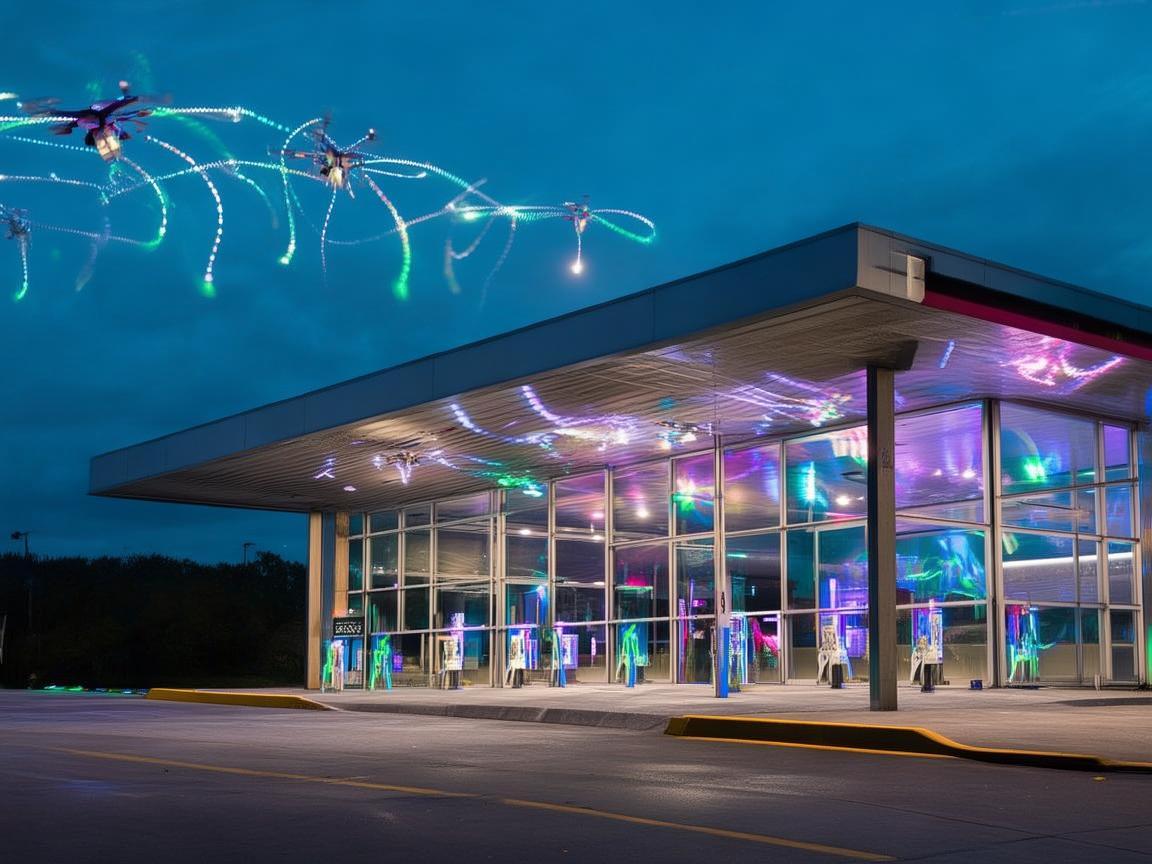 无人机灯光绘就加油站奇幻光影